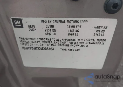 2002 Buick Lesabre Custom из США, поврежденный, VIN 1G4HP54K22U306163